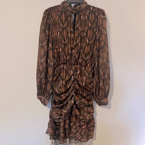 Brown snake print mini party dress with ruffle skirt and a deep‎ V neckline - Picture 1 of 4